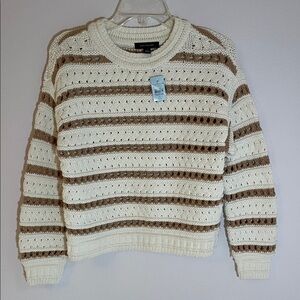 NWT Ann Taylor Cream and Brown Stripe Knit Crewneck Sweater. Size Petite Small.
